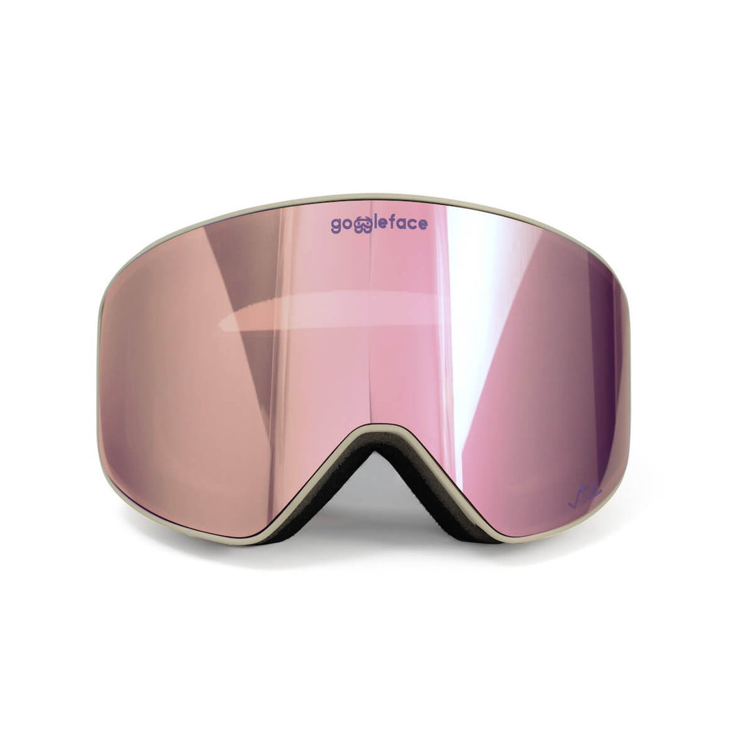 A pair of sleek, frameless skiing goggles with a mirrored pink lens. The Straight Line | Alpine Retro goggles feature a dark foam-lined interior for comfort, and the brand name &quot;Goggleface&quot; is written near the top center of the lens, making them perfect for your next winter adventure.
